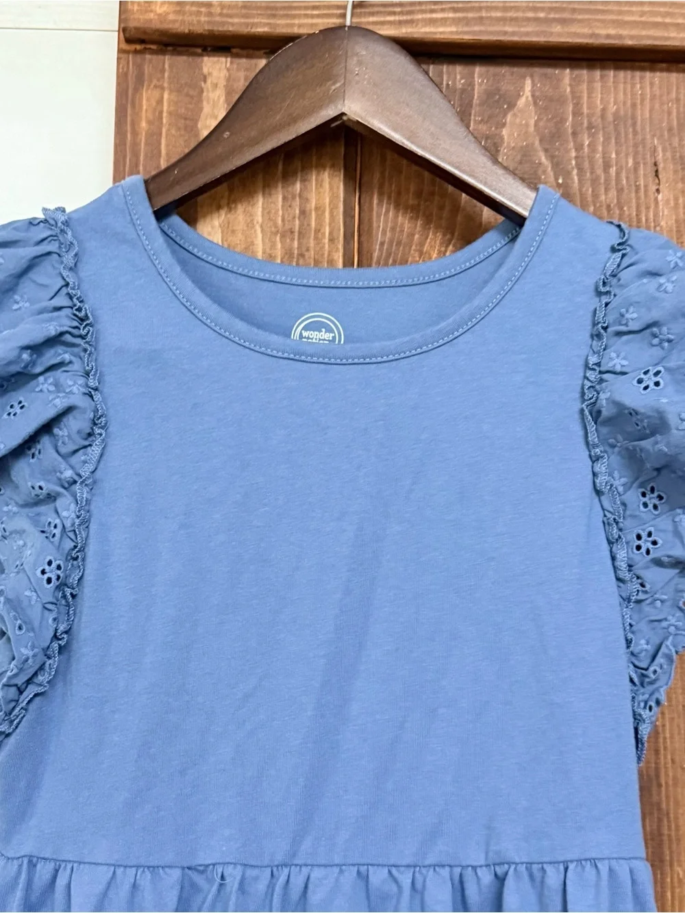 Wonder Nation Blue Eyelet Ruffle Sleeve Cotton Dress Girls Size 7/8